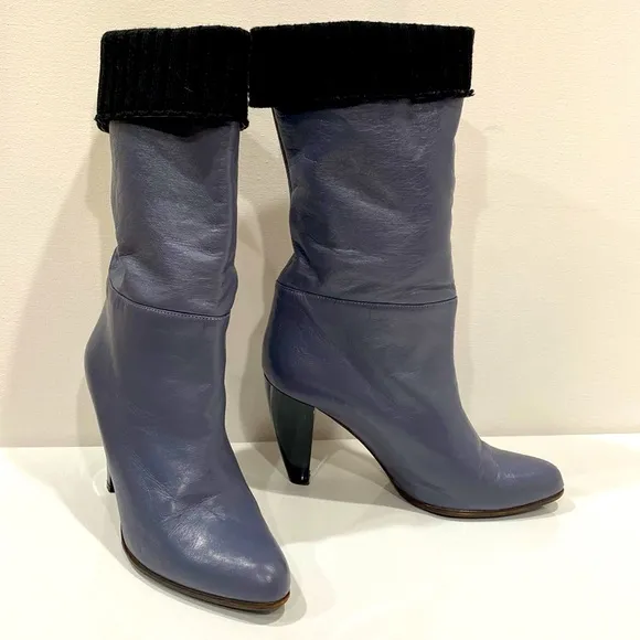 Marni blue gray leather mid calf 4”heeled boots, sweater lined &amp; cuffed Size 37