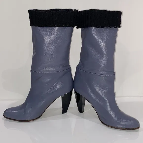 Marni blue gray leather mid calf 4”heeled boots, sweater lined &amp; cuffed Size 37