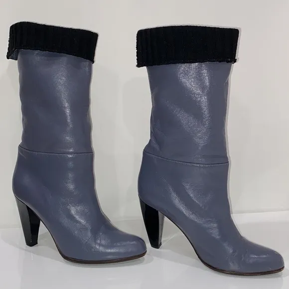 Marni blue gray leather mid calf 4”heeled boots, sweater lined &amp; cuffed Size 37