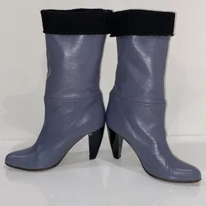 Marni blue gray leather mid calf 4”heeled boots, sweater lined &amp; cuffed Size 37