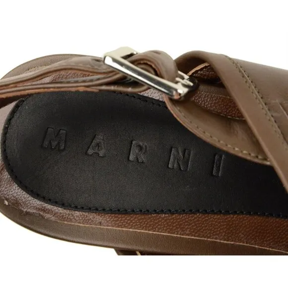 MARNI PLATFORM SHOES BROWN LEATHER SLINGBACK CRISSCROSS VAMP IT 40 US 10