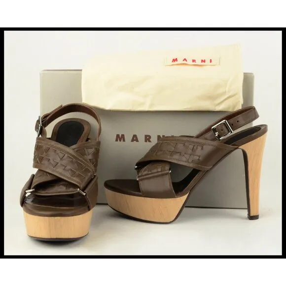 MARNI PLATFORM SHOES BROWN LEATHER SLINGBACK CRISSCROSS VAMP IT 40 US 10