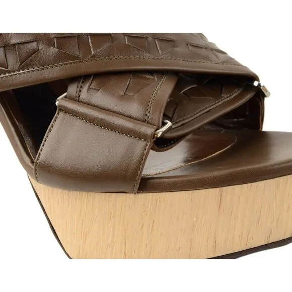 MARNI PLATFORM SHOES BROWN LEATHER SLINGBACK CRISSCROSS VAMP IT 40 US 10