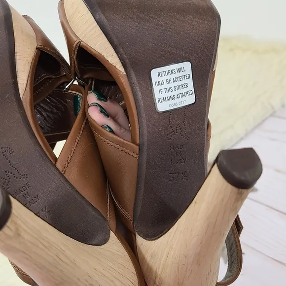 Marni strappy slingback platform sandals brown leather wooden heels size 37.5