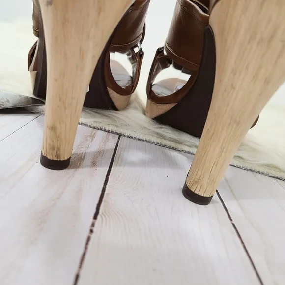 Marni strappy slingback platform sandals brown leather wooden heels size 37.5