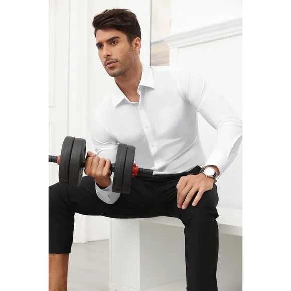 Men All White Long Sleeve Slim Muscle Fit Wrinkle Free Button Down Dress Shirts