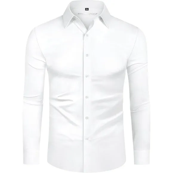 Men All White Long Sleeve Slim Muscle Fit Wrinkle Free Button Down Dress Shirts