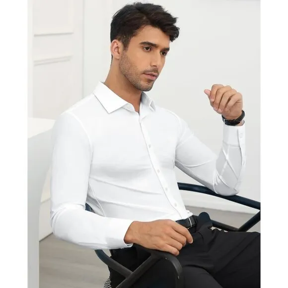 Men All White Long Sleeve Slim Muscle Fit Wrinkle Free Button Down Dress Shirts