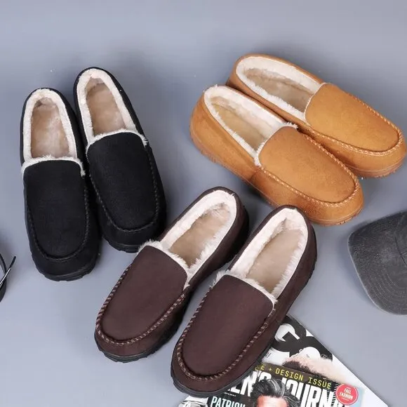 Men Beige Indoor Outdoor Anti Slip Slippers Warm Plush With Soft faux Fur Lining