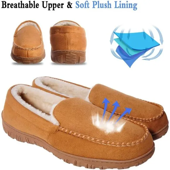 Men Beige Indoor Outdoor Anti Slip Slippers Warm Plush With Soft faux Fur Lining