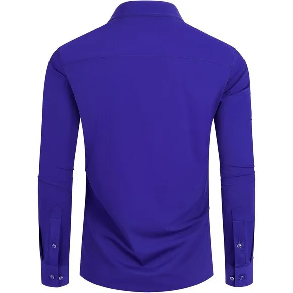 Men Blue Long Sleeve Slim Muscle Fit Wrinkle Free Button Down Dress Shirts