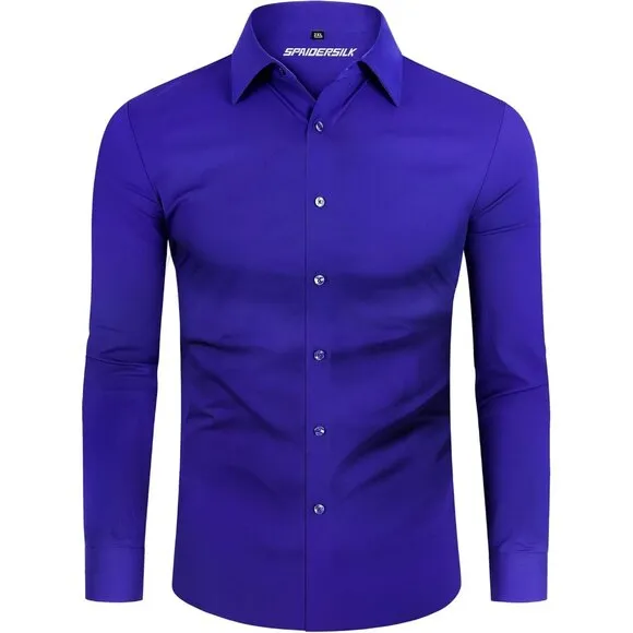 Men Blue Long Sleeve Slim Muscle Fit Wrinkle Free Button Down Dress Shirts