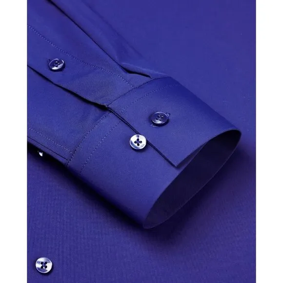 Men Blue Long Sleeve Slim Muscle Fit Wrinkle Free Button Down Dress Shirts