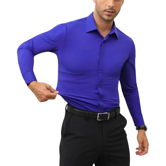 Men Blue Long Sleeve Slim Muscle Fit Wrinkle Free Button Down Dress Shirts