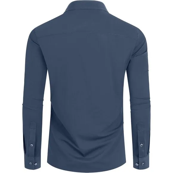 Men Dark Grey Long Sleeve Slim Muscle Fit Wrinkle Free Button Down Dress Shirts