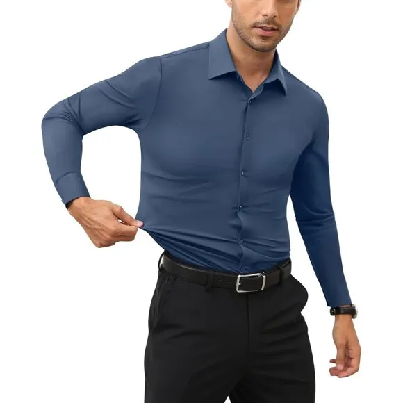 Men Dark Grey Long Sleeve Slim Muscle Fit Wrinkle Free Button Down Dress Shirts