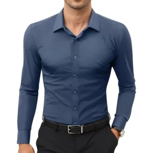 Men Dark Grey Long Sleeve Slim Muscle Fit Wrinkle Free Button Down Dress Shirts