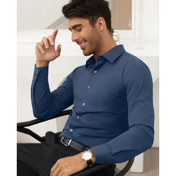 Men Dark Grey Long Sleeve Slim Muscle Fit Wrinkle Free Button Down Dress Shirts