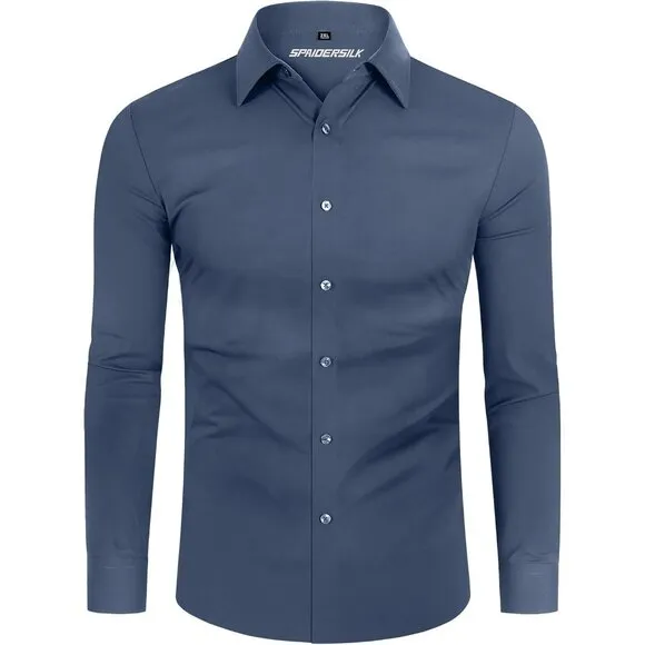 Men Dark Grey Long Sleeve Slim Muscle Fit Wrinkle Free Button Down Dress Shirts