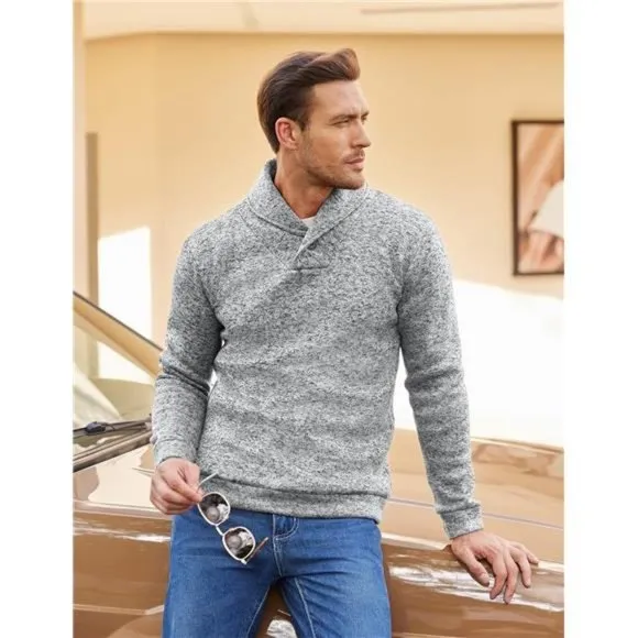 Men Dress Shawl Collar Pullover Sweatshirt Fashion Slim Fit Knit Sweater
