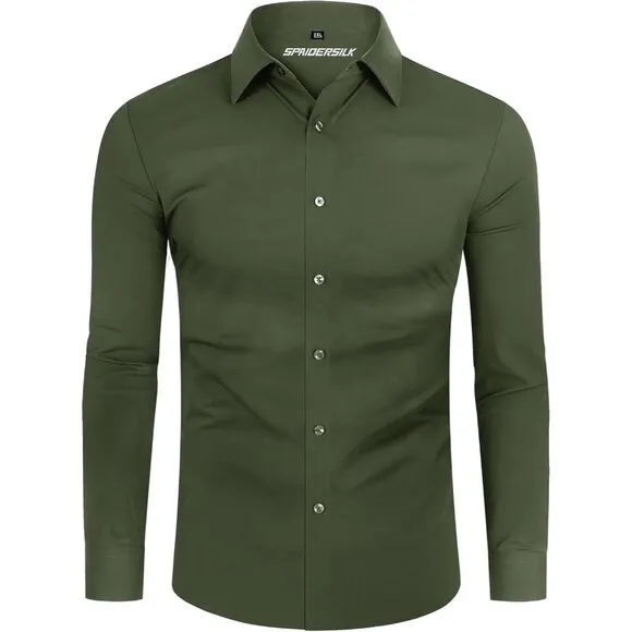 Men Grass Green Long Sleeve Slim Muscle Fit Wrinkle Free Button Down Dress Shirt
