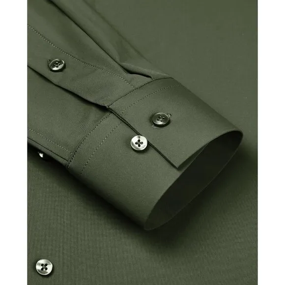 Men Grass Green Long Sleeve Slim Muscle Fit Wrinkle Free Button Down Dress Shirt
