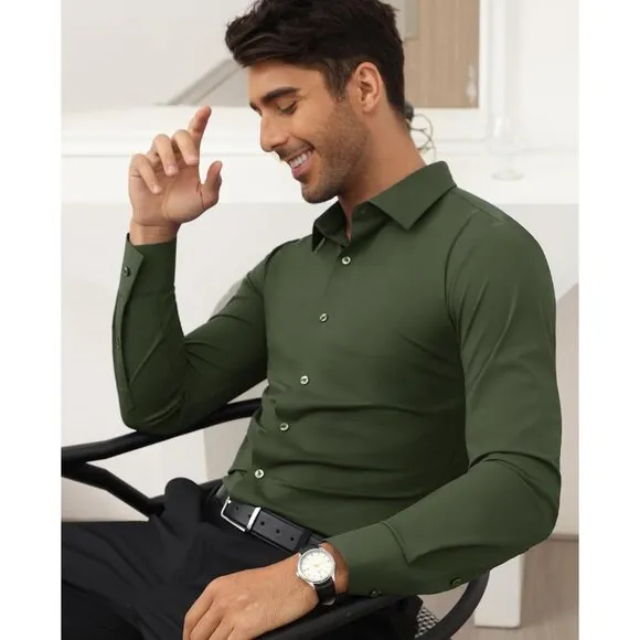 Men Grass Green Long Sleeve Slim Muscle Fit Wrinkle Free Button Down Dress Shirt