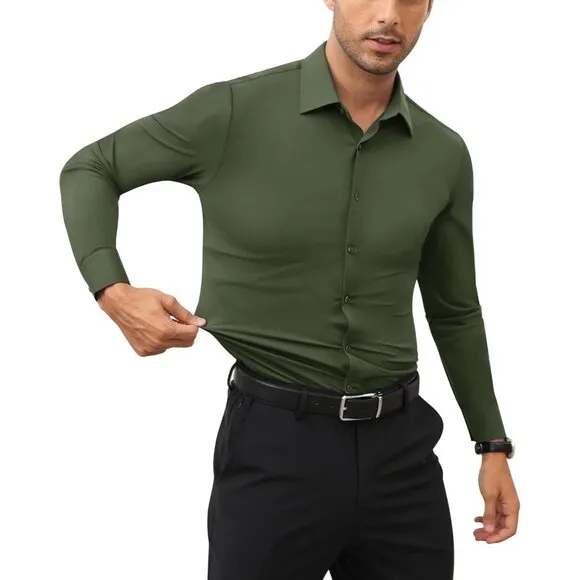 Men Grass Green Long Sleeve Slim Muscle Fit Wrinkle Free Button Down Dress Shirt