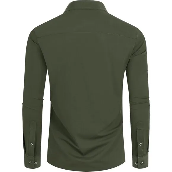Men Grass Green Long Sleeve Slim Muscle Fit Wrinkle Free Button Down Dress Shirt
