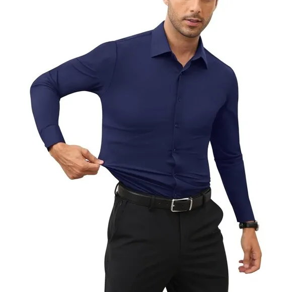Men Navy Long Sleeve Slim Muscle Fit Wrinkle Free Button Down Dress Shirts