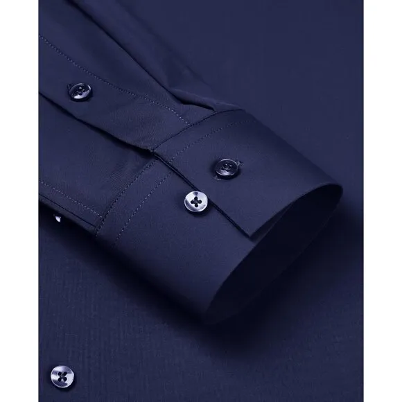 Men Navy Long Sleeve Slim Muscle Fit Wrinkle Free Button Down Dress Shirts