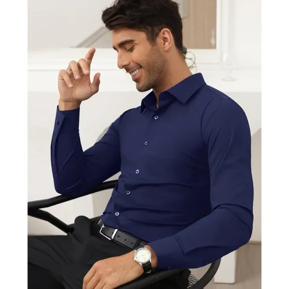 Men Navy Long Sleeve Slim Muscle Fit Wrinkle Free Button Down Dress Shirts