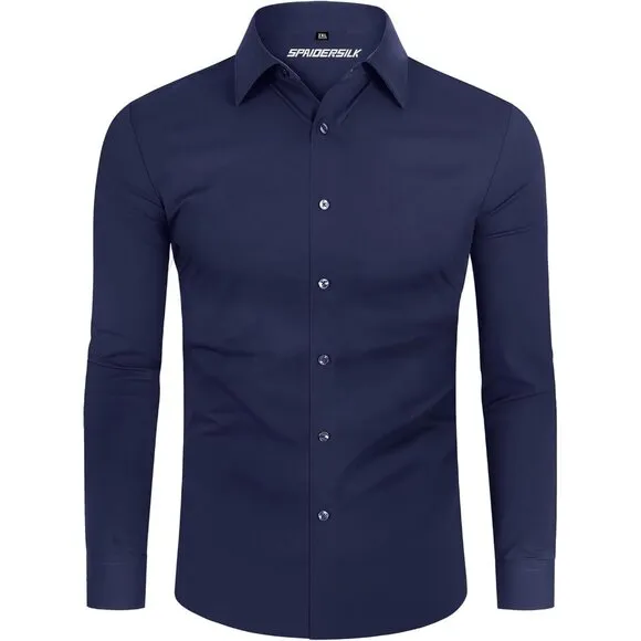 Men Navy Long Sleeve Slim Muscle Fit Wrinkle Free Button Down Dress Shirts