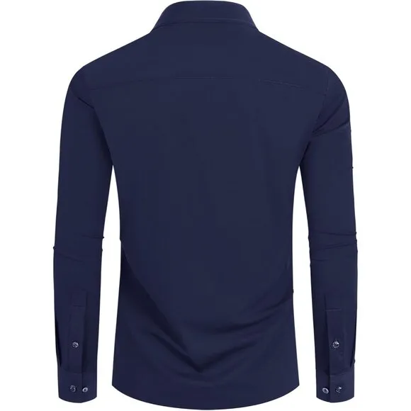 Men Navy Long Sleeve Slim Muscle Fit Wrinkle Free Button Down Dress Shirts