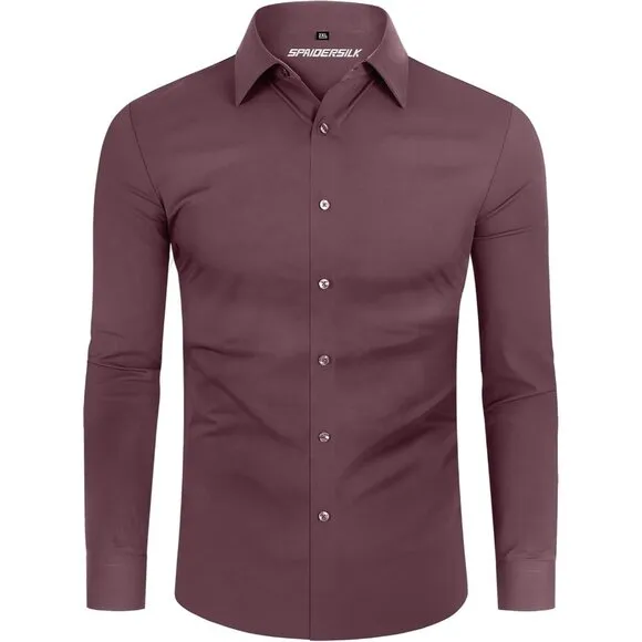 Men Pink Long Sleeve Slim Muscle Fit Wrinkle Free Button Down Dress Shirts