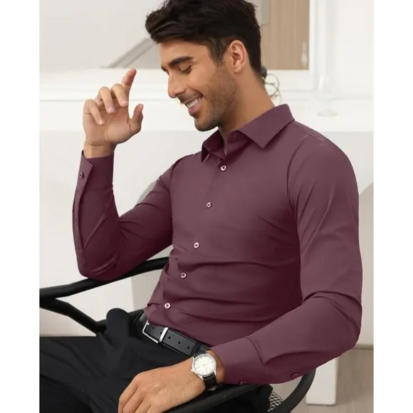 Men Pink Long Sleeve Slim Muscle Fit Wrinkle Free Button Down Dress Shirts