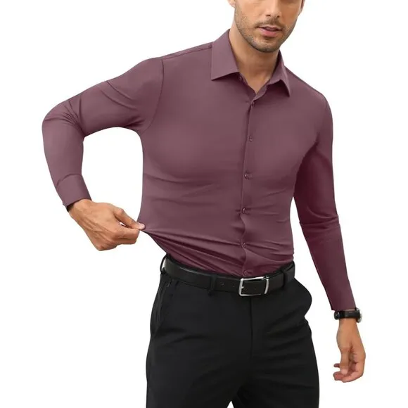 Men Pink Long Sleeve Slim Muscle Fit Wrinkle Free Button Down Dress Shirts