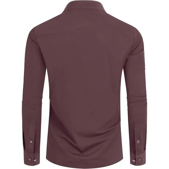 Men Pink Long Sleeve Slim Muscle Fit Wrinkle Free Button Down Dress Shirts