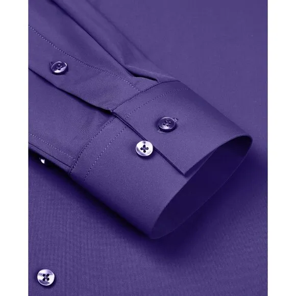 Men Purple Long Sleeve Slim Muscle Fit Wrinkle Free Button Down Dress Shirts