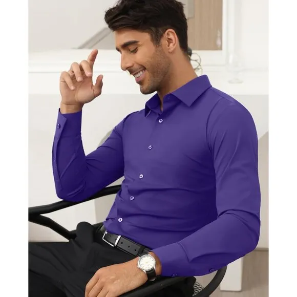Men Purple Long Sleeve Slim Muscle Fit Wrinkle Free Button Down Dress Shirts