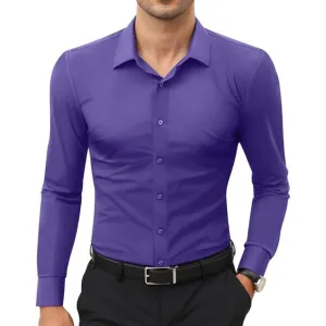 Men Purple Long Sleeve Slim Muscle Fit Wrinkle Free Button Down Dress Shirts