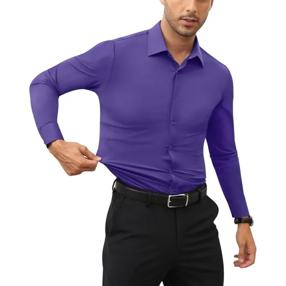 Men Purple Long Sleeve Slim Muscle Fit Wrinkle Free Button Down Dress Shirts