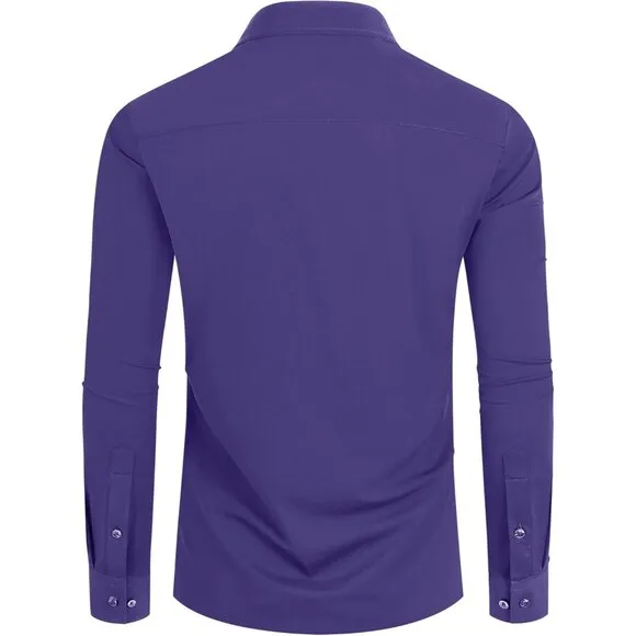 Men Purple Long Sleeve Slim Muscle Fit Wrinkle Free Button Down Dress Shirts