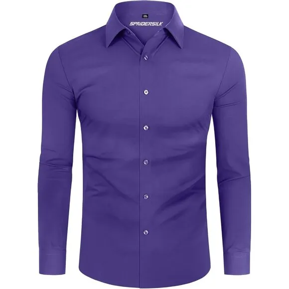 Men Purple Long Sleeve Slim Muscle Fit Wrinkle Free Button Down Dress Shirts