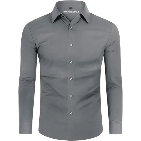 Men Silver Long Sleeve Slim Muscle Fit Wrinkle Free Button Down Dress Shirts