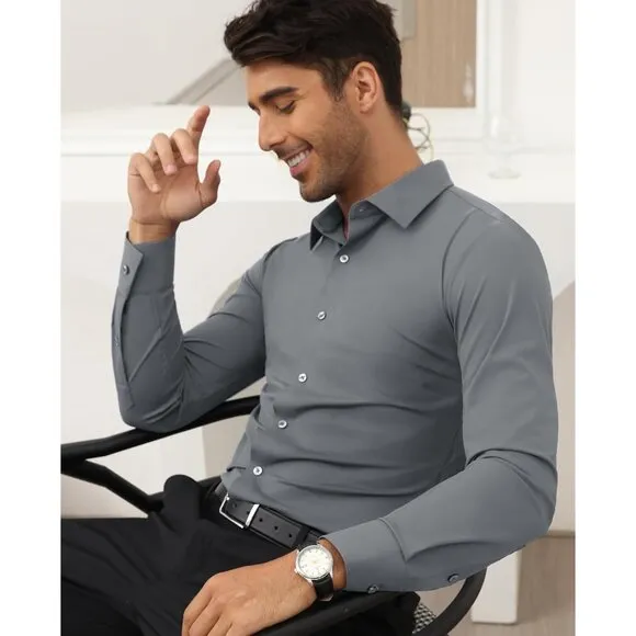 Men Silver Long Sleeve Slim Muscle Fit Wrinkle Free Button Down Dress Shirts