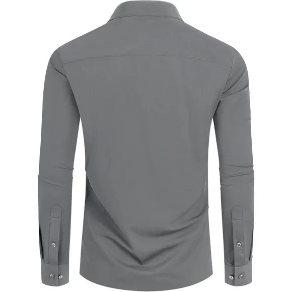 Men Silver Long Sleeve Slim Muscle Fit Wrinkle Free Button Down Dress Shirts