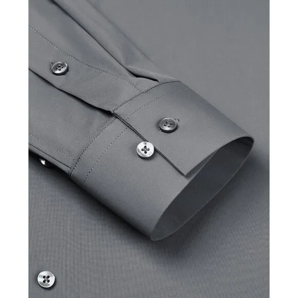 Men Silver Long Sleeve Slim Muscle Fit Wrinkle Free Button Down Dress Shirts