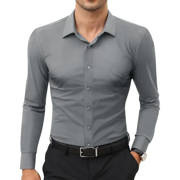 Men Silver Long Sleeve Slim Muscle Fit Wrinkle Free Button Down Dress Shirts