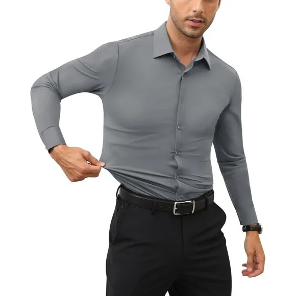 Men Silver Long Sleeve Slim Muscle Fit Wrinkle Free Button Down Dress Shirts